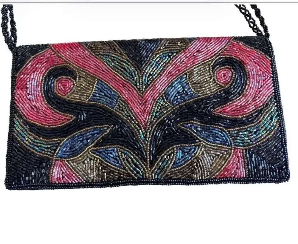 Vintage Hand-Beaded Multi-Color Floral Pattern Evening Clutch with Braided Strap